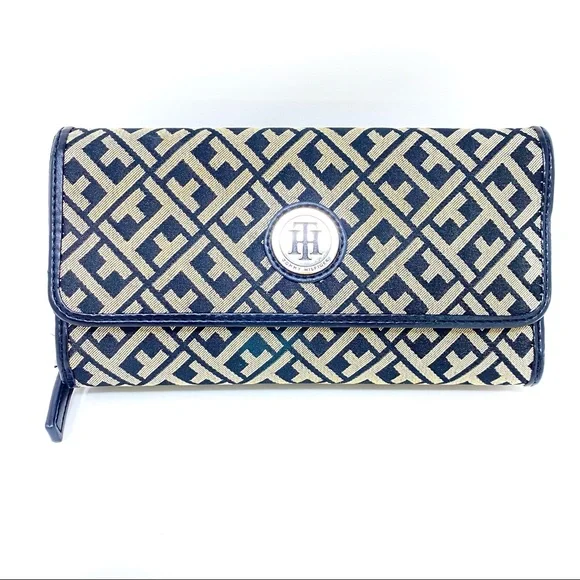 Tommy Hilfiger Double Wallet Full Zio Logo Black Tan Coin Purse Like New - Picture 1 of 5